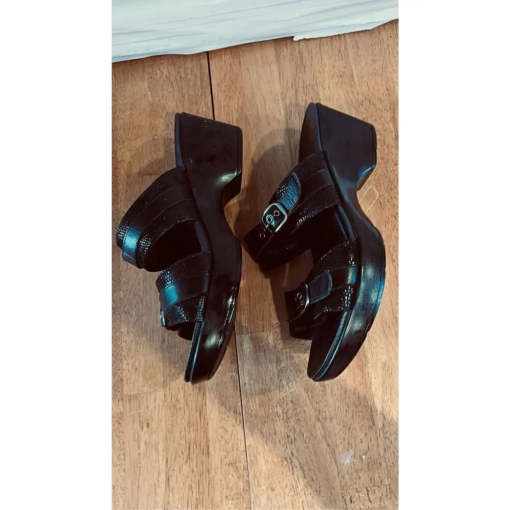 Dansko Jessie Black Leather Lizard Embossed Platform Sandals Clogs SZ 9.5
